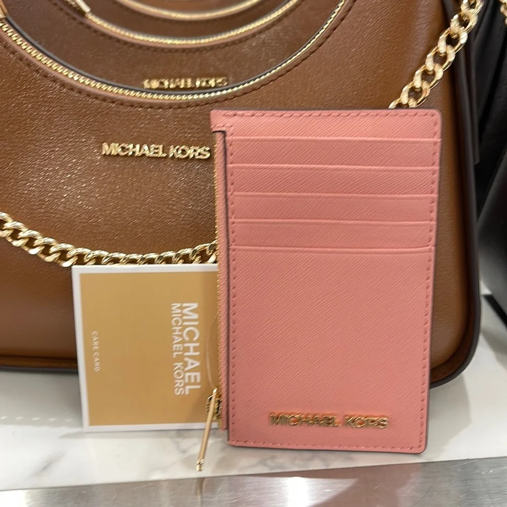 MICHAEL KORS Jet Set Travel Medium Top Zip Leather Card Case Wallet Primrose NWT